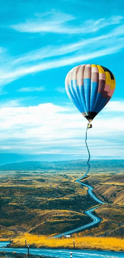 Hot air balloon floating over scenic landscape in vibrant colors.