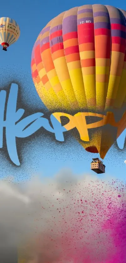 Vibrant hot air balloon in colorful sky with the word 'Happy' in artistic style.