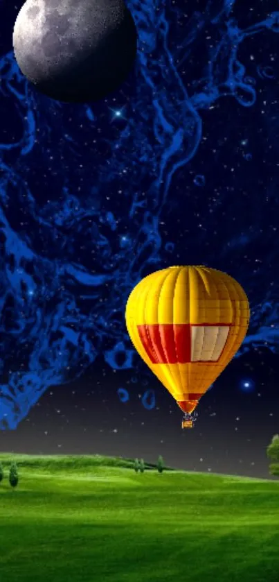 Colorful hot air balloon under a moonlit sky with green fields.