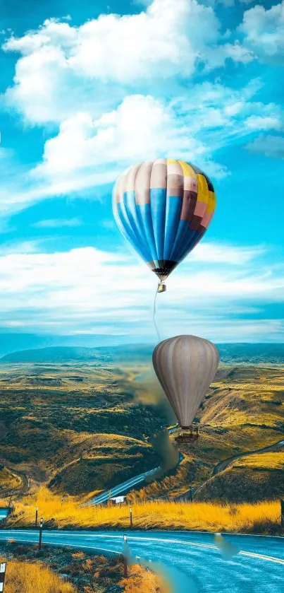 Colorful hot air balloons float in a vivid sky above a scenic landscape.