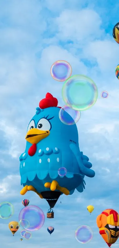 Chicken-shaped balloon in vibrant sky with colorful hot air balloons.