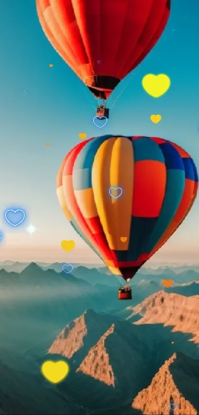 Vibrant hot air balloons over mountains at sunrise.