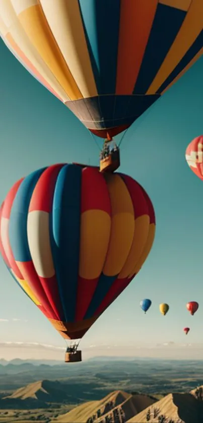 Colorful hot air balloons flying over scenic landscape.