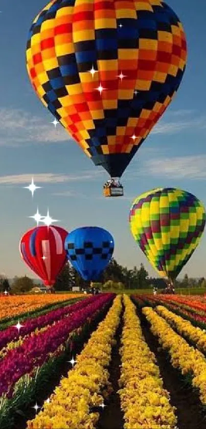 Vibrant hot air balloons over a colorful flower field.