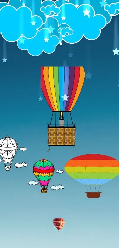 Colorful hot air balloons in a blue sky with clouds and stars.