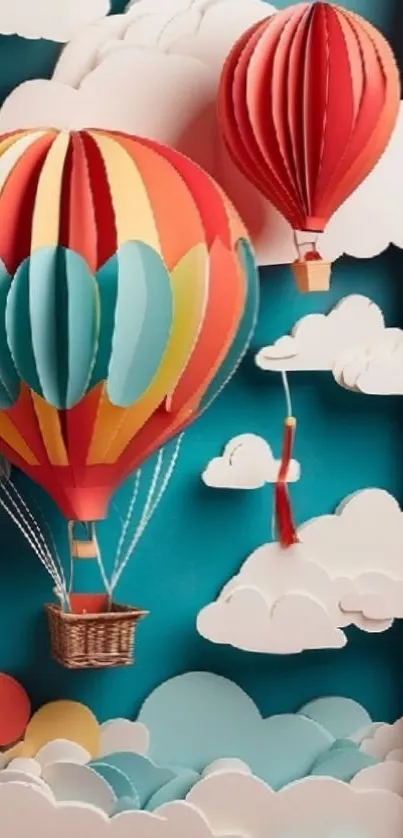 Artistic depiction of hot air balloons in a colorful, cloud-filled sky.