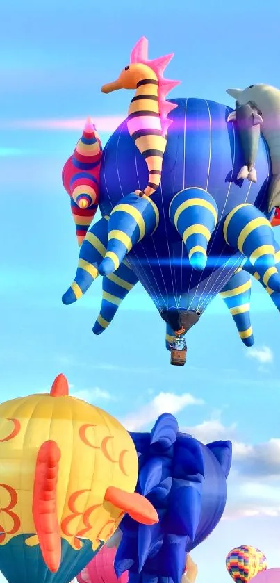 Colorful hot air balloons against a bright blue sky.