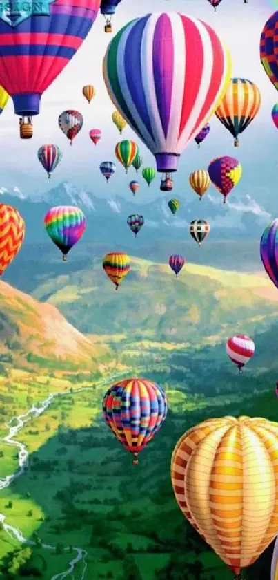 Vibrant hot air balloons over scenic hills.