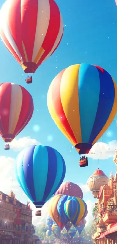 Colorful hot air balloons over a quaint town on a sunny day.