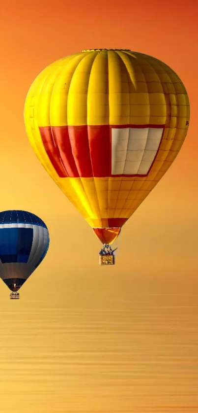 Vibrant hot air balloons in an orange sunset sky.