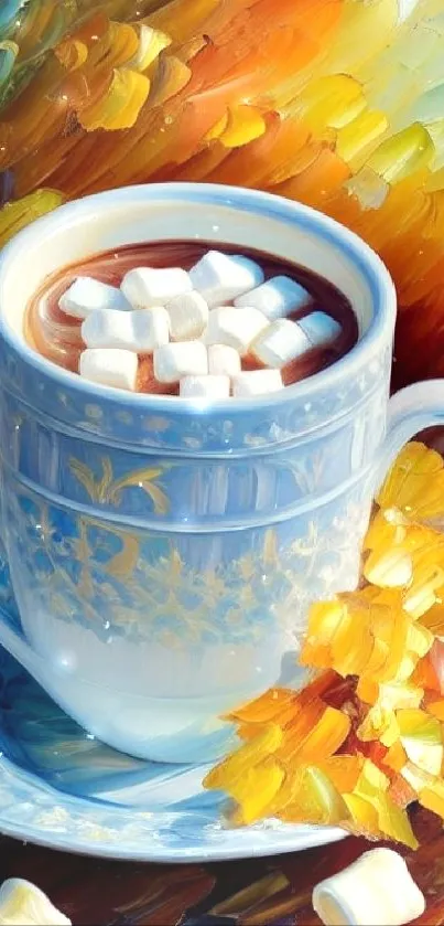 Vibrant hot chocolate art with marshmallows in a blue cup.