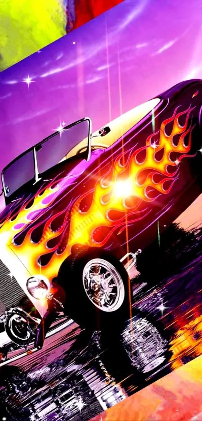 Vibrant hot rod car with flames on a colorful abstract background.