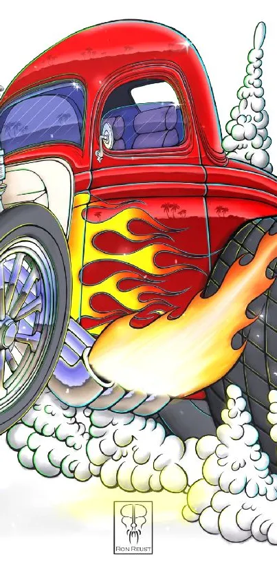 Colorful hot rod car with dynamic flames and racing aesthetics.