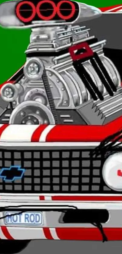 Illustrated hot rod engine with vibrant colors.