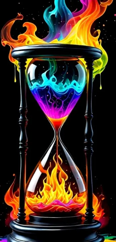 Colorful hourglass with fiery flames artwork.