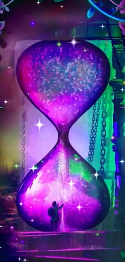 Purple glowing hourglass in a fantasy landscape.