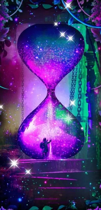 Vibrant fantasy wallpaper featuring a glowing purple hourglass and mystical scenery.