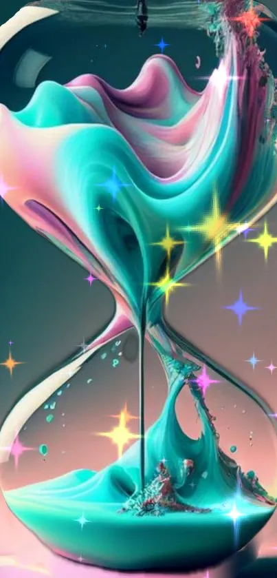 Vibrant hourglass with teal and pink swirls and sparkling stars.