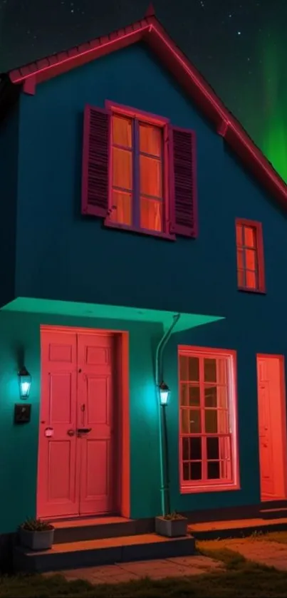 Vibrant house with aurora lights in the night sky.