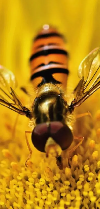 Close-up of a hoverfly on a bright sunflower in full bloom.