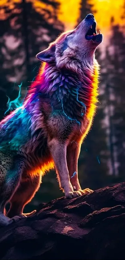 Colorful wolf howling at sunset in a forest, vibrant and majestic.