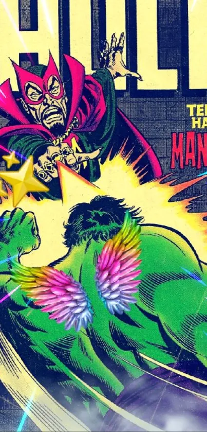 Dynamic Hulk comic art with vibrant colors and vintage style.