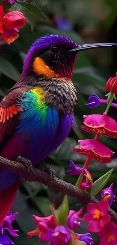 Colorful hummingbird perched among vibrant flowers.