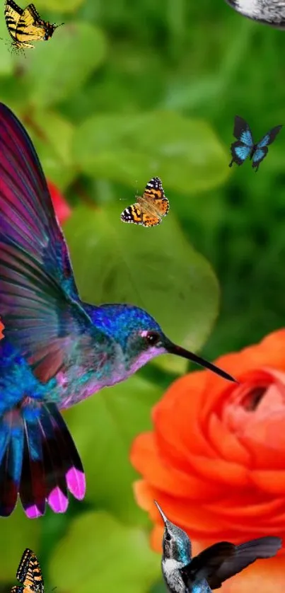 Colorful hummingbird and butterflies with orange flower in nature scene.