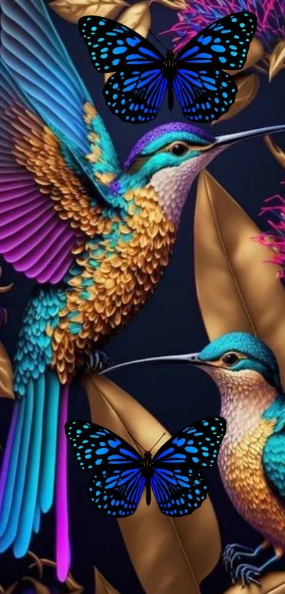 Vibrant wallpaper featuring hummingbirds and blue butterflies on a dark background.