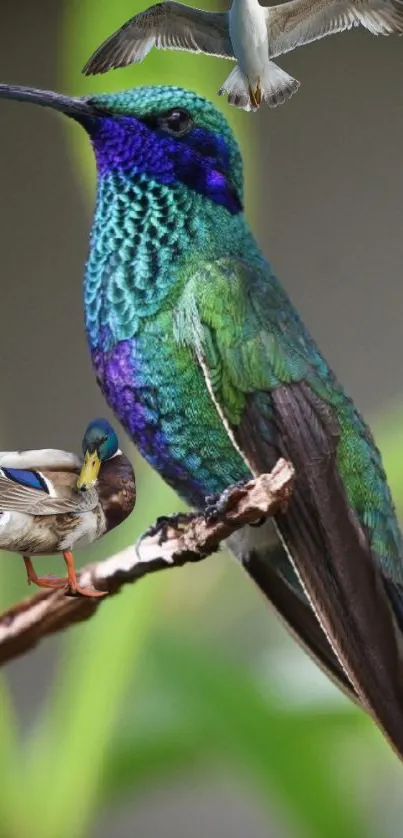 Vibrant hummingbird and ducks on a branch with green background.