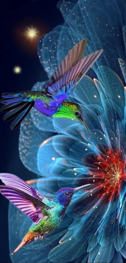 Vibrant hummingbirds and flower digital art wallpaper.