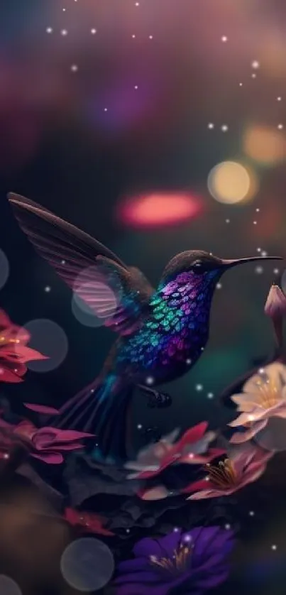 Vibrant hummingbird with colorful flowers in dreamy setting.