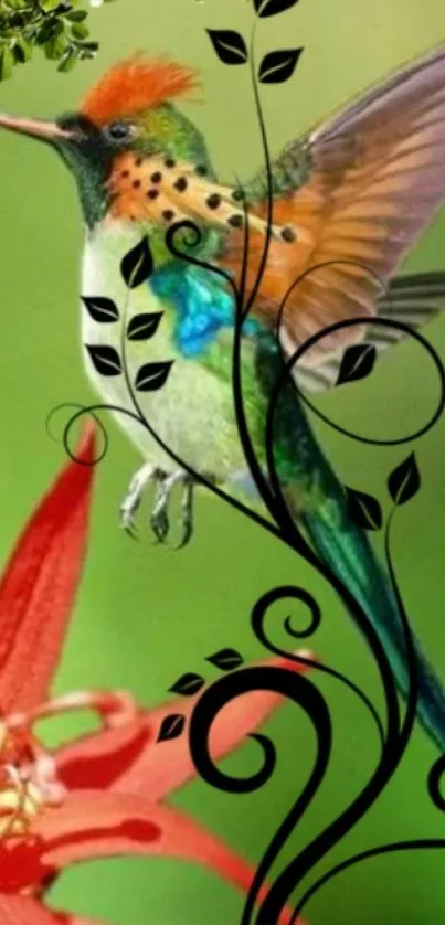 Artistic hummingbird and floral mobile wallpaper with vibrant colors.