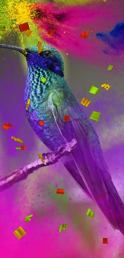 Vibrant hummingbird with colorful artistic background on a mobile wallpaper.