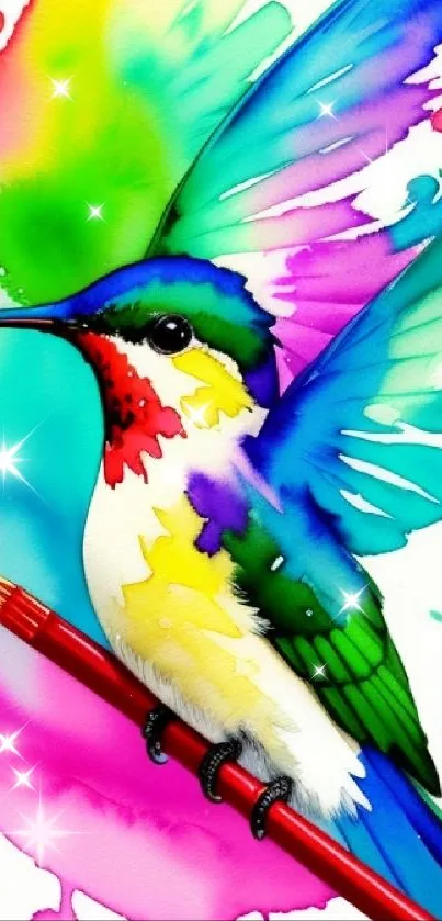 Vibrant watercolor hummingbird on a paintbrush against a rainbow background.