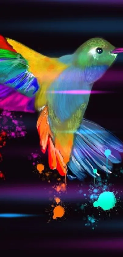 Artistic wallpaper featuring a colorful hummingbird with vibrant splashes on black background.