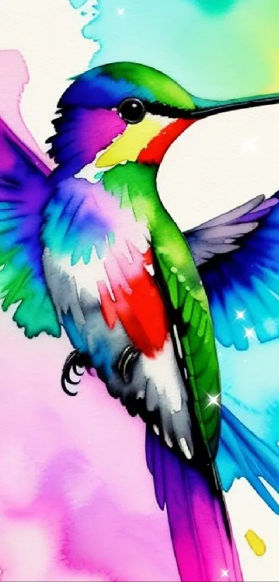 Colorful watercolor hummingbird with vibrant wings, ideal for mobile wallpaper.