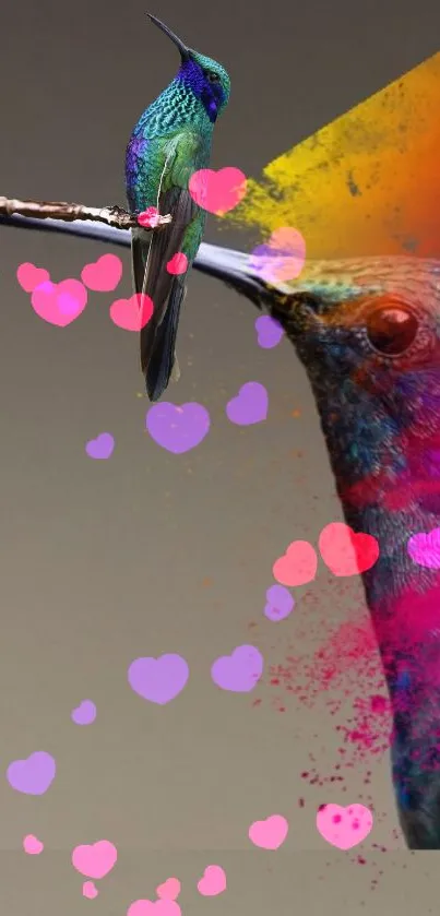 Vibrant hummingbird art with colorful hearts and dynamic elements on mobile wallpaper.
