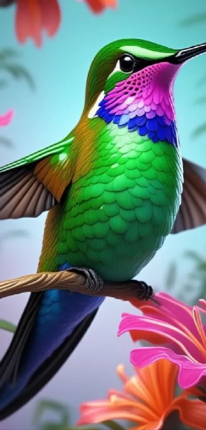 Vibrant illustration of a hummingbird perched on a branch amidst colorful flowers.