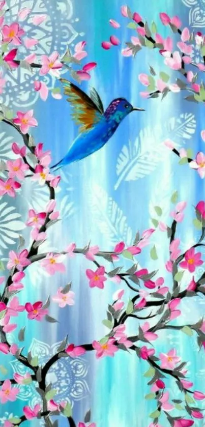 Colorful hummingbird on blue floral background.