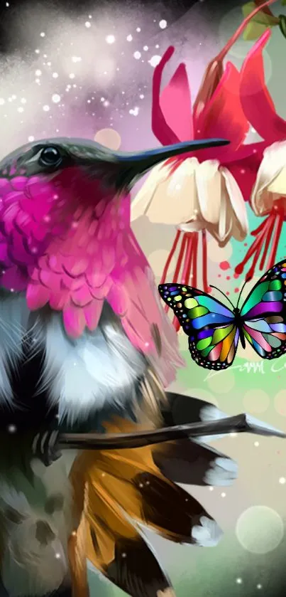 Vibrant hummingbird with colorful flowers in artistic wallpaper.