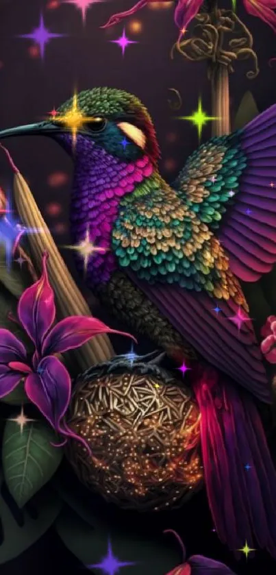 Vibrant hummingbird with flowers on a dark, artistic background.