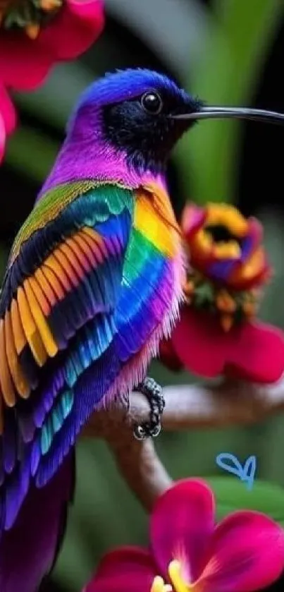 Colorful hummingbird with vibrant feathers among flowers.