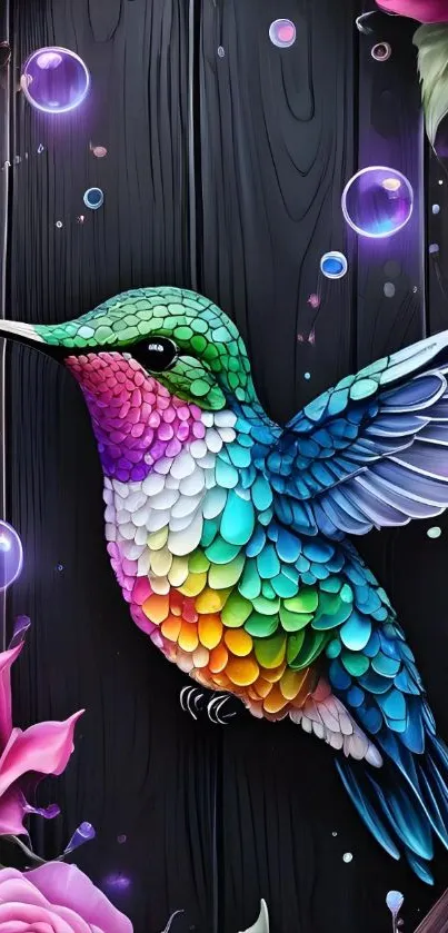 Colorful hummingbird with roses on a dark background.