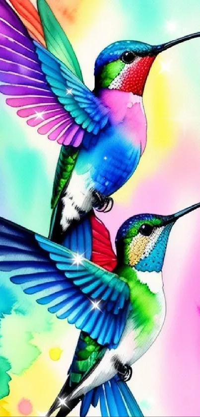 Vibrant hummingbirds in colorful artistic design.