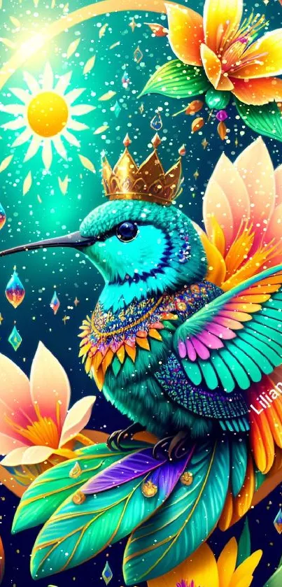 A vibrant crowned hummingbird amid colorful flowers, perfect for mobile wallpaper.