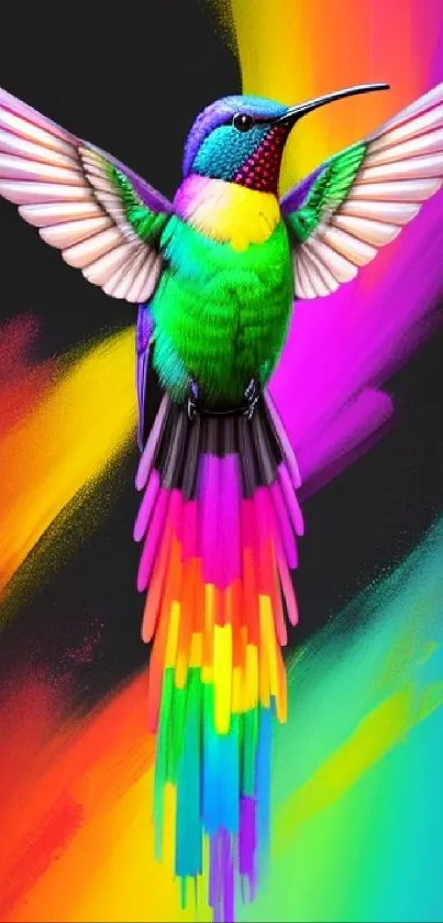 Colorful hummingbird with rainbow gradient background art.