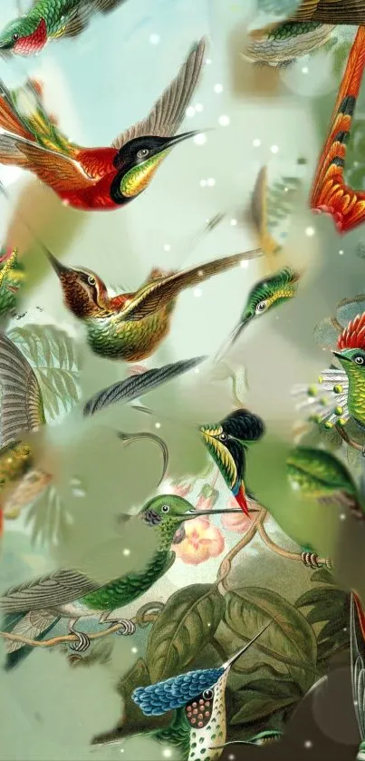 Vibrant tropical hummingbird artwork featuring various colorful birds.