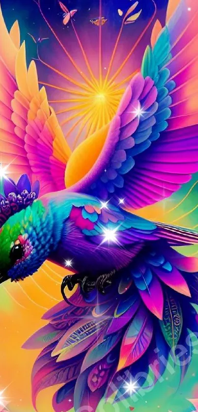 Vibrantly colored hummingbird in fantasy art.