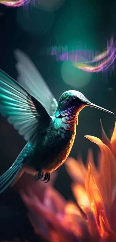 Colorful hummingbird hovering near vibrant flowers in fantasy art style.